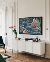 Christmas Adventures I Dark by Laura Marshall. shown as a framed stretched canvas in a living room above a console. Available as a archival giclee rolled canvas, fine art paper, or poster print. SKU 60100i.