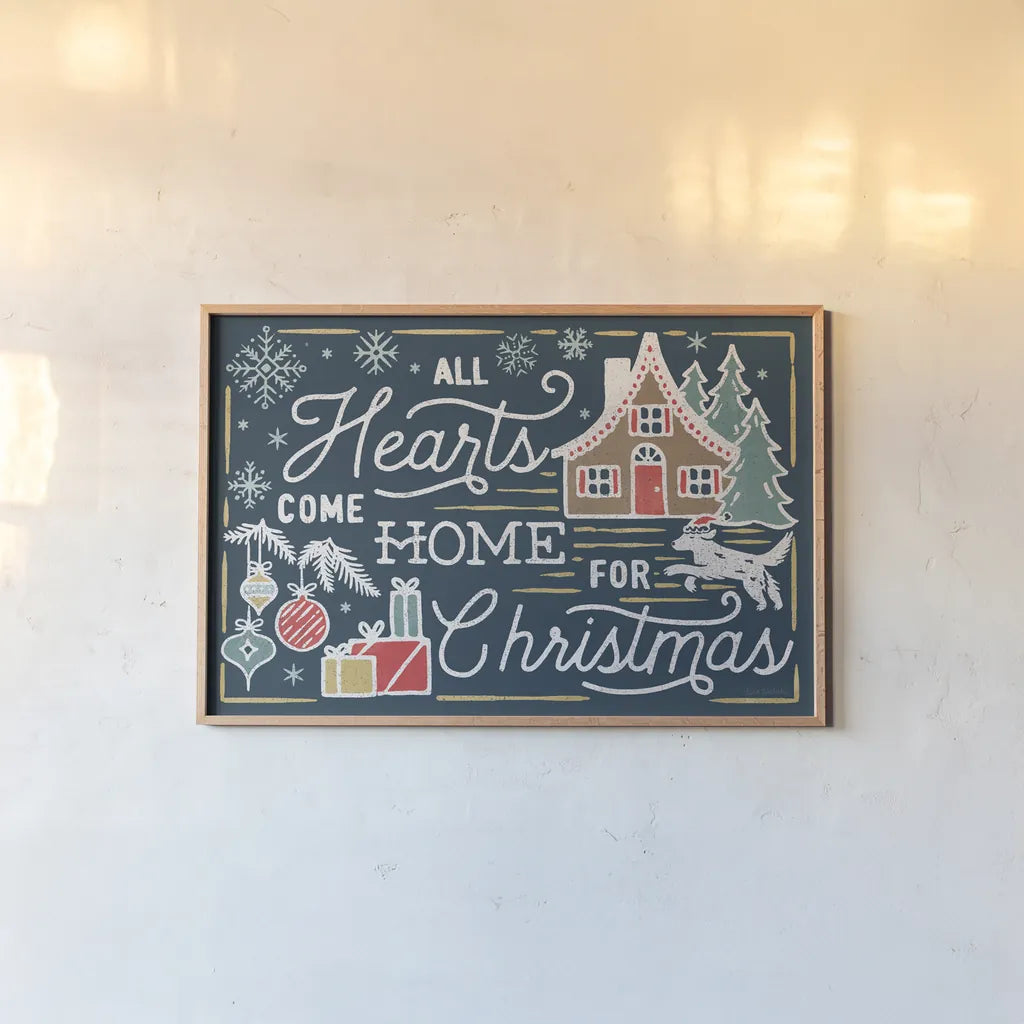 Christmas Adventures I Dark by Laura Marshall. shown as a paper print in a natural frame. Available as a archival giclee rolled canvas, fine art paper, or poster print. SKU 60100i.