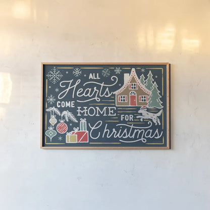 Christmas Adventures I Dark by Laura Marshall. shown as a paper print in a natural frame. Available as a archival giclee rolled canvas, fine art paper, or poster print. SKU 60100i.