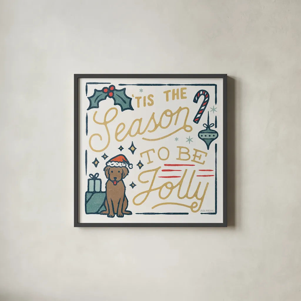 Christmas Adventures II by Laura Marshall. Shown in a sleek black glass frame for a contemporary gallery look. Available as an archival giclee rolled canvas, fine art paper, or poster print. SKU 60094a.