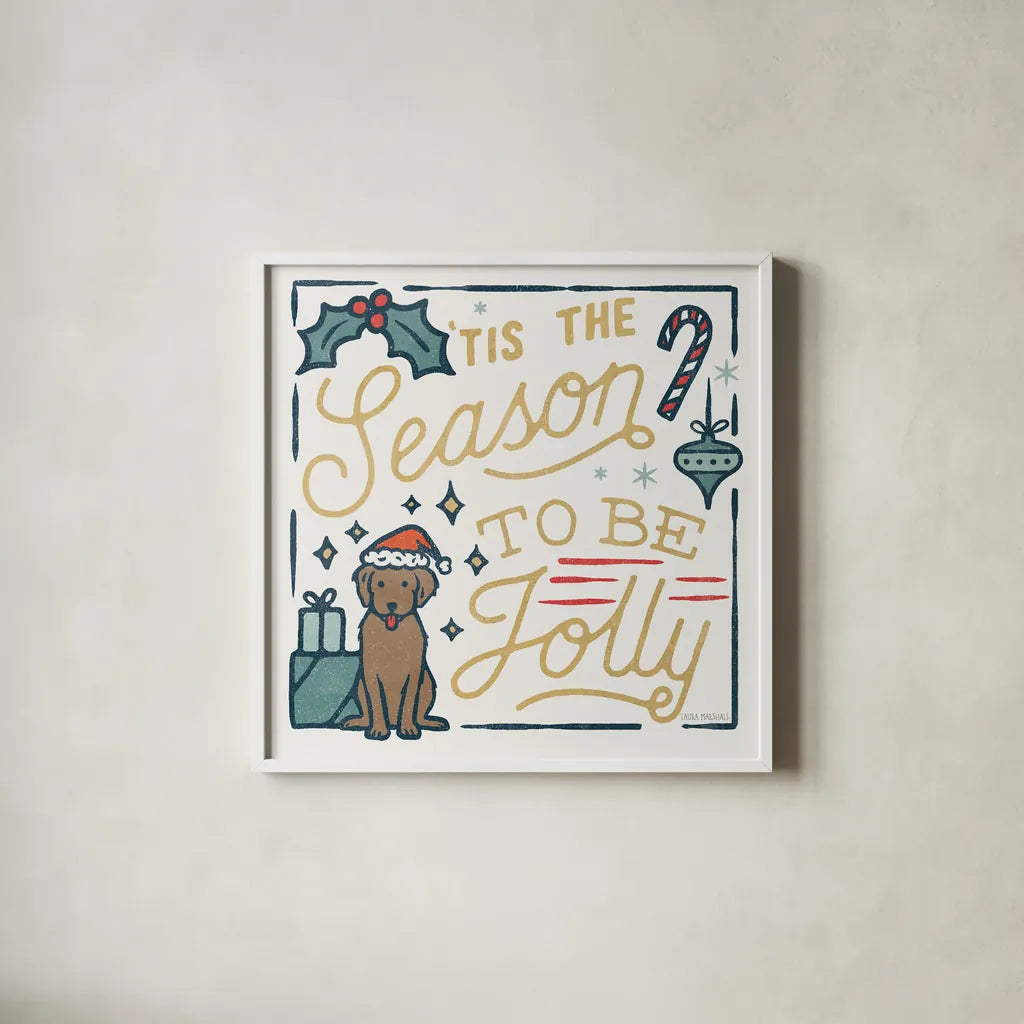 Christmas Adventures II by Laura Marshall. Shown in a crisp white glass frame for a clean and minimalist style. Available as an archival giclee rolled canvas, fine art paper, or poster print. SKU 60094a.