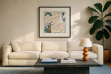 Christmas Adventures II by Laura Marshall. Displayed in a glass frame with matte in a clean modern living room. Available as an archival giclee rolled canvas, fine art paper, or poster print. SKU 60094a.