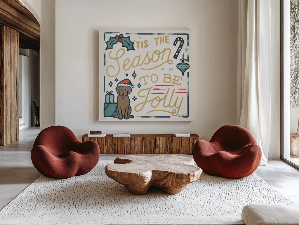 Christmas Adventures II by Laura Marshall. Shown as extra-large giant wall art in a modern living room. Available as an archival giclee rolled canvas, fine art paper, or poster print. SKU 60094a.