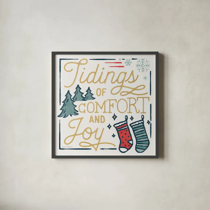 Christmas Adventures III by Laura Marshall. Shown in a sleek black glass frame for a contemporary gallery look. Available as an archival giclee rolled canvas, fine art paper, or poster print. SKU 60095a.