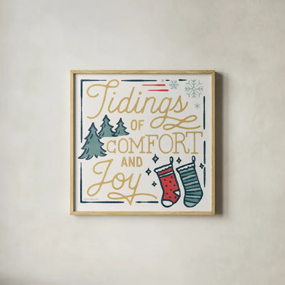 Christmas Adventures III by Laura Marshall. Shown in a natural wood glass frame for a timeless modern aesthetic. Available as an archival giclee rolled canvas, fine art paper, or poster print. SKU 60095a.