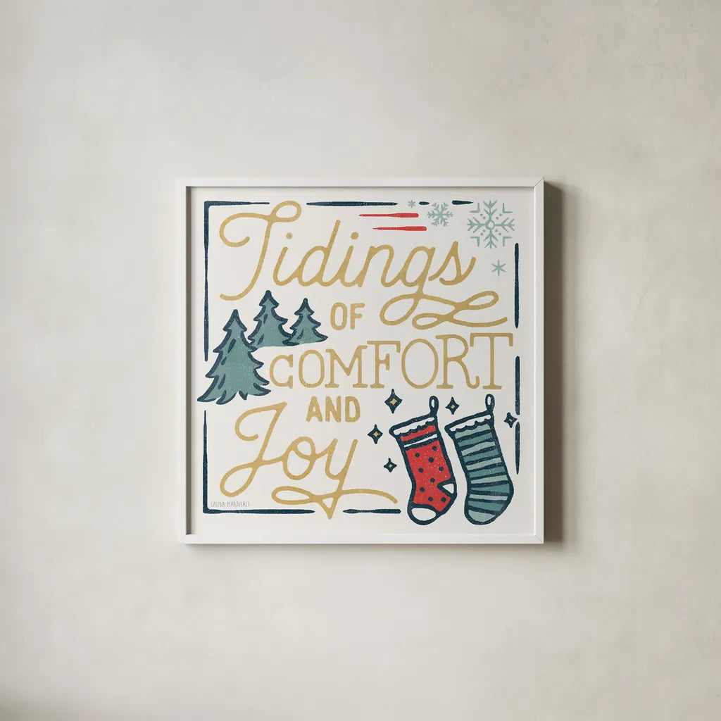 Christmas Adventures III by Laura Marshall. Shown in a crisp white glass frame for a clean and minimalist style. Available as an archival giclee rolled canvas, fine art paper, or poster print. SKU 60095a.