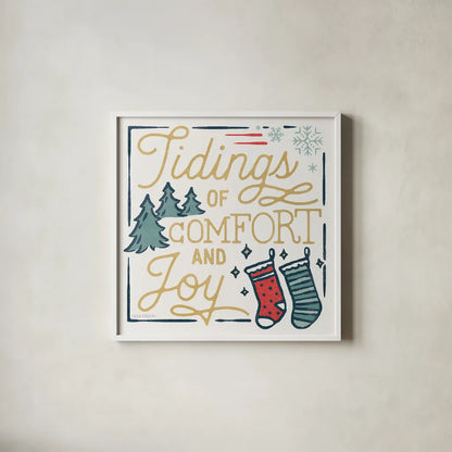 Christmas Adventures III by Laura Marshall. Shown in a crisp white glass frame for a clean and minimalist style. Available as an archival giclee rolled canvas, fine art paper, or poster print. SKU 60095a.