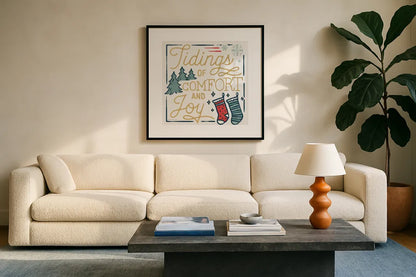 Christmas Adventures III by Laura Marshall. Displayed in a glass frame with matte in a clean modern living room. Available as an archival giclee rolled canvas, fine art paper, or poster print. SKU 60095a.