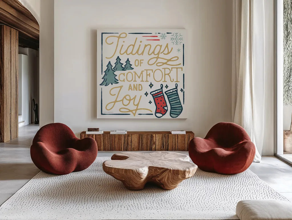 Christmas Adventures III by Laura Marshall. Shown as extra-large giant wall art in a modern living room. Available as an archival giclee rolled canvas, fine art paper, or poster print. SKU 60095a.