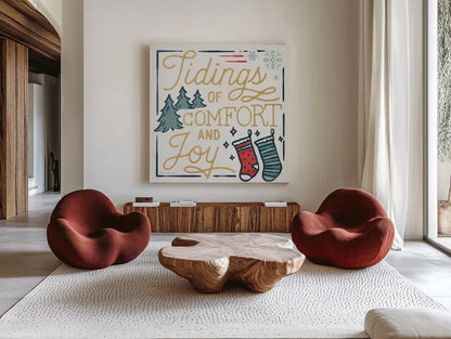 Christmas Adventures III by Laura Marshall. Shown as extra-large giant wall art in a modern living room. Available as an archival giclee rolled canvas, fine art paper, or poster print. SKU 60095a.