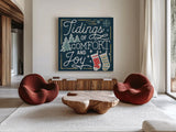 Christmas Adventures III Dark by Laura Marshall. Shown as extra-large giant wall art in a modern living room. Available as an archival giclee rolled canvas, fine art paper, or poster print. SKU 60102a.