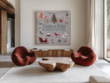 Christmas Cheer I by Laura Marshall. Shown as extra-large giant wall art in a modern living room. Available as an archival giclee rolled canvas, fine art paper, or poster print. SKU 38765a.