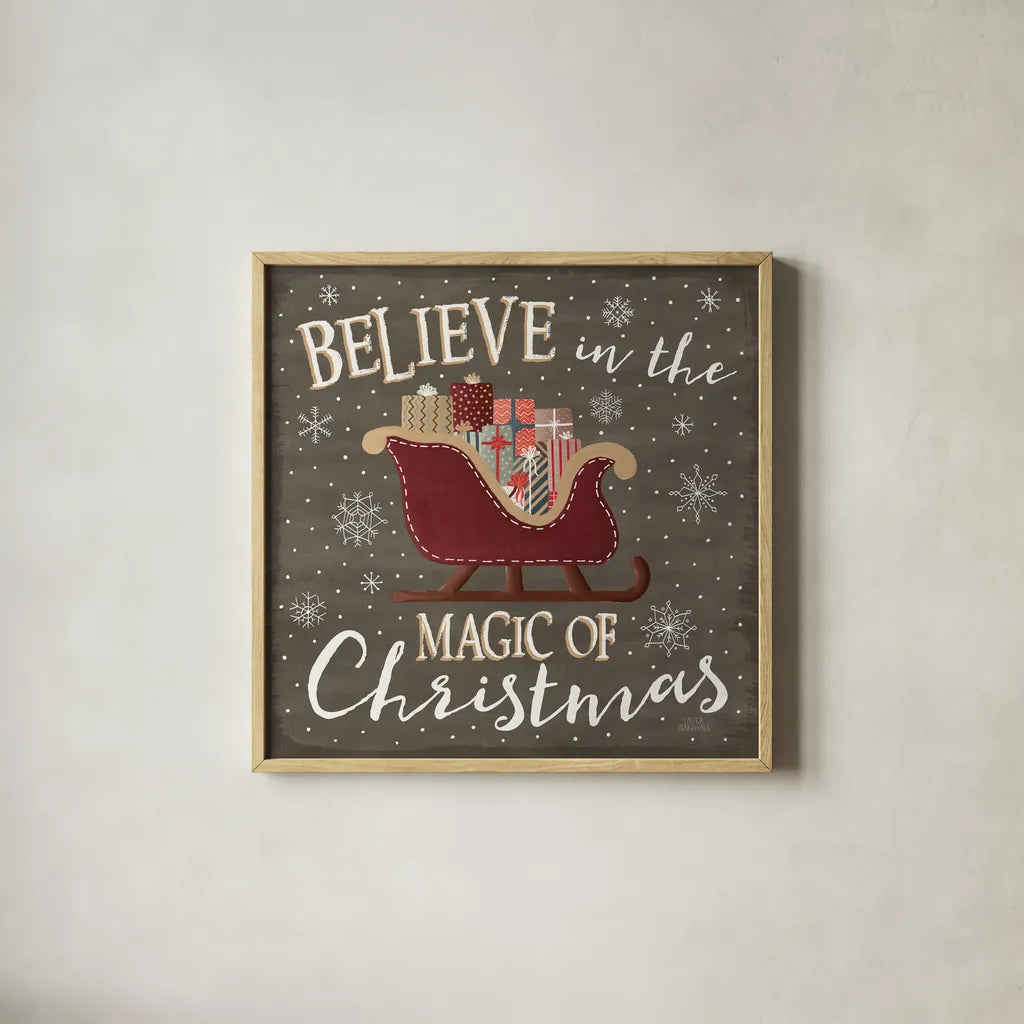 Christmas Cheer V by Laura Marshall. Shown in a natural wood glass frame for a timeless modern aesthetic. Available as an archival giclee rolled canvas, fine art paper, or poster print. SKU 38769a.