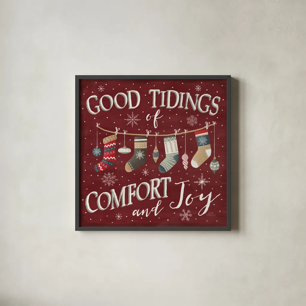 Christmas Cheer VI by Laura Marshall. Shown in a sleek black glass frame for a contemporary gallery look. Available as an archival giclee rolled canvas, fine art paper, or poster print. SKU 38770a.