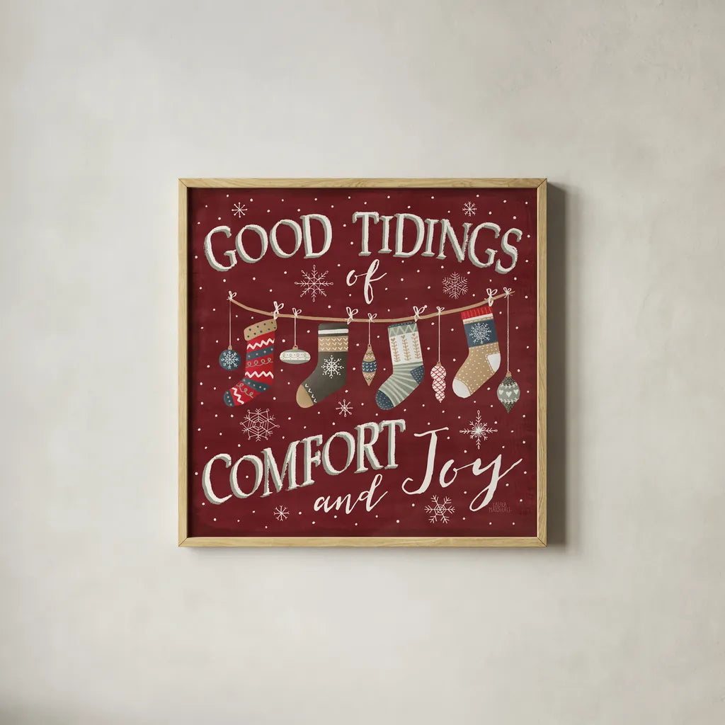 Christmas Cheer VI by Laura Marshall. Shown in a natural wood glass frame for a timeless modern aesthetic. Available as an archival giclee rolled canvas, fine art paper, or poster print. SKU 38770a.