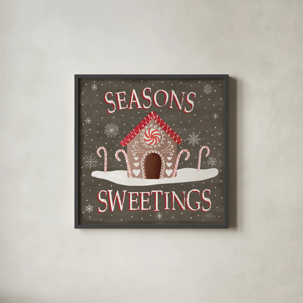 Christmas Cheer VII Seasons Sweetings by Laura Marshall. Shown in a sleek black glass frame for a contemporary gallery look. Available as an archival giclee rolled canvas, fine art paper, or poster print. SKU 47939a.