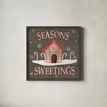 Christmas Cheer VII Seasons Sweetings by Laura Marshall. Shown in a sleek black glass frame for a contemporary gallery look. Available as an archival giclee rolled canvas, fine art paper, or poster print. SKU 47939a.