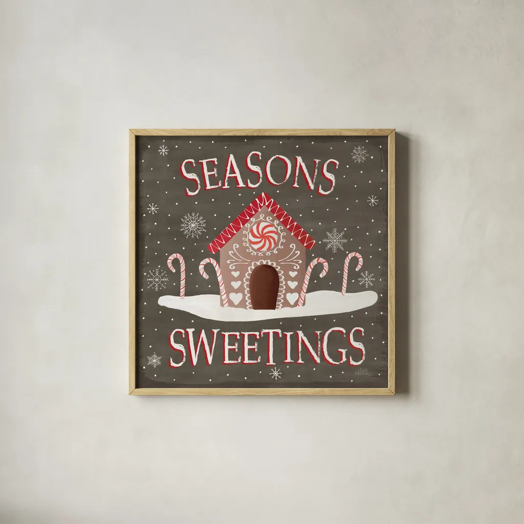 Christmas Cheer VII Seasons Sweetings by Laura Marshall. Shown in a natural wood glass frame for a timeless modern aesthetic. Available as an archival giclee rolled canvas, fine art paper, or poster print. SKU 47939a.