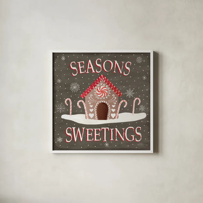 Christmas Cheer VII Seasons Sweetings by Laura Marshall. Shown in a crisp white glass frame for a clean and minimalist style. Available as an archival giclee rolled canvas, fine art paper, or poster print. SKU 47939a.
