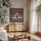 Christmas Cheer VII Seasons Sweetings by Laura Marshall. Shown in a natural wood frame in a cozy modern living room. Available as an archival giclee rolled canvas, fine art paper, or poster print. SKU 47939a.