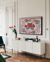Christmas Reverie I by Laura Marshall. shown as a framed stretched canvas in a living room above a console. Available as a archival giclee rolled canvas, fine art paper, or poster print. SKU 99618i.