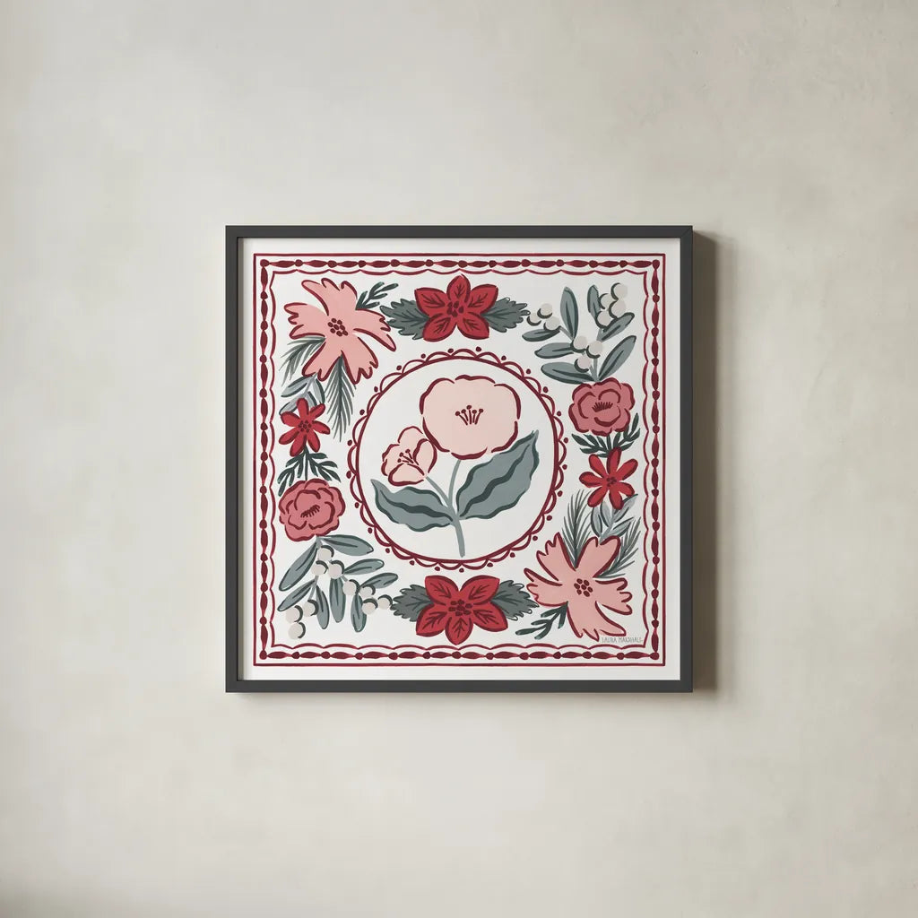 Christmas Reverie II by Laura Marshall. Shown in a sleek black glass frame for a contemporary gallery look. Available as an archival giclee rolled canvas, fine art paper, or poster print. SKU 99619a.