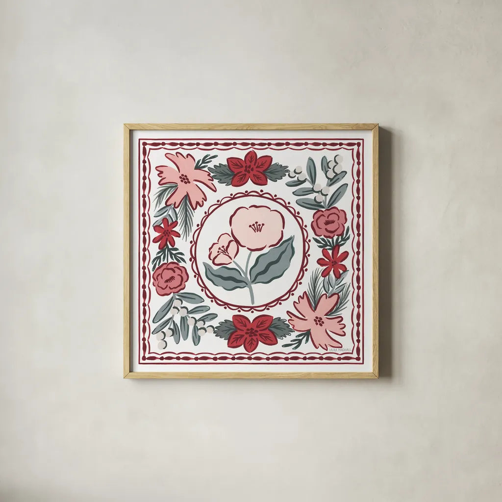 Christmas Reverie II by Laura Marshall. Shown in a natural wood glass frame for a timeless modern aesthetic. Available as an archival giclee rolled canvas, fine art paper, or poster print. SKU 99619a.