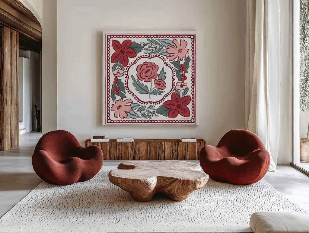 Christmas Reverie III by Laura Marshall. Shown as extra-large giant wall art in a modern living room. Available as an archival giclee rolled canvas, fine art paper, or poster print. SKU 99620a.
