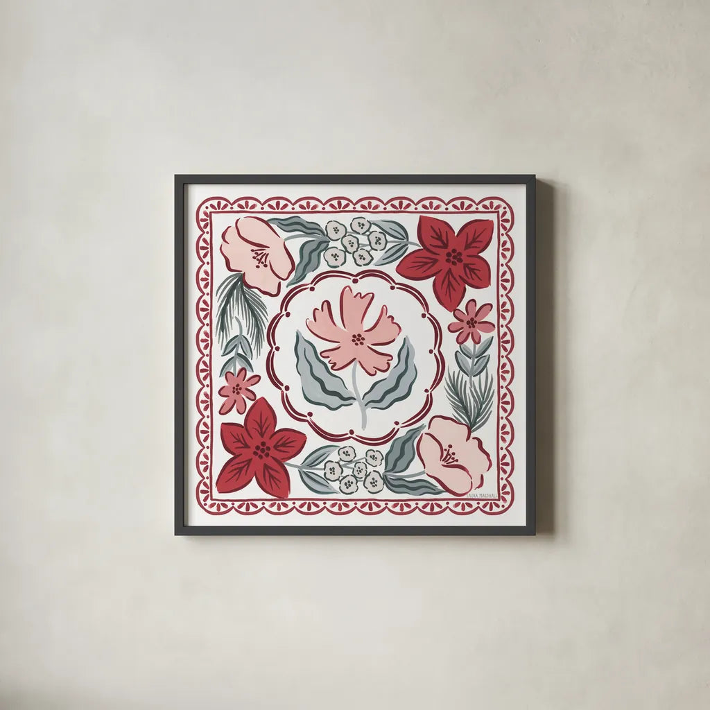 Christmas Reverie IV by Laura Marshall. Shown in a sleek black glass frame for a contemporary gallery look. Available as an archival giclee rolled canvas, fine art paper, or poster print. SKU 99621a.