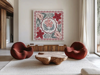 Christmas Reverie IV by Laura Marshall. Shown as extra-large giant wall art in a modern living room. Available as an archival giclee rolled canvas, fine art paper, or poster print. SKU 99621a.