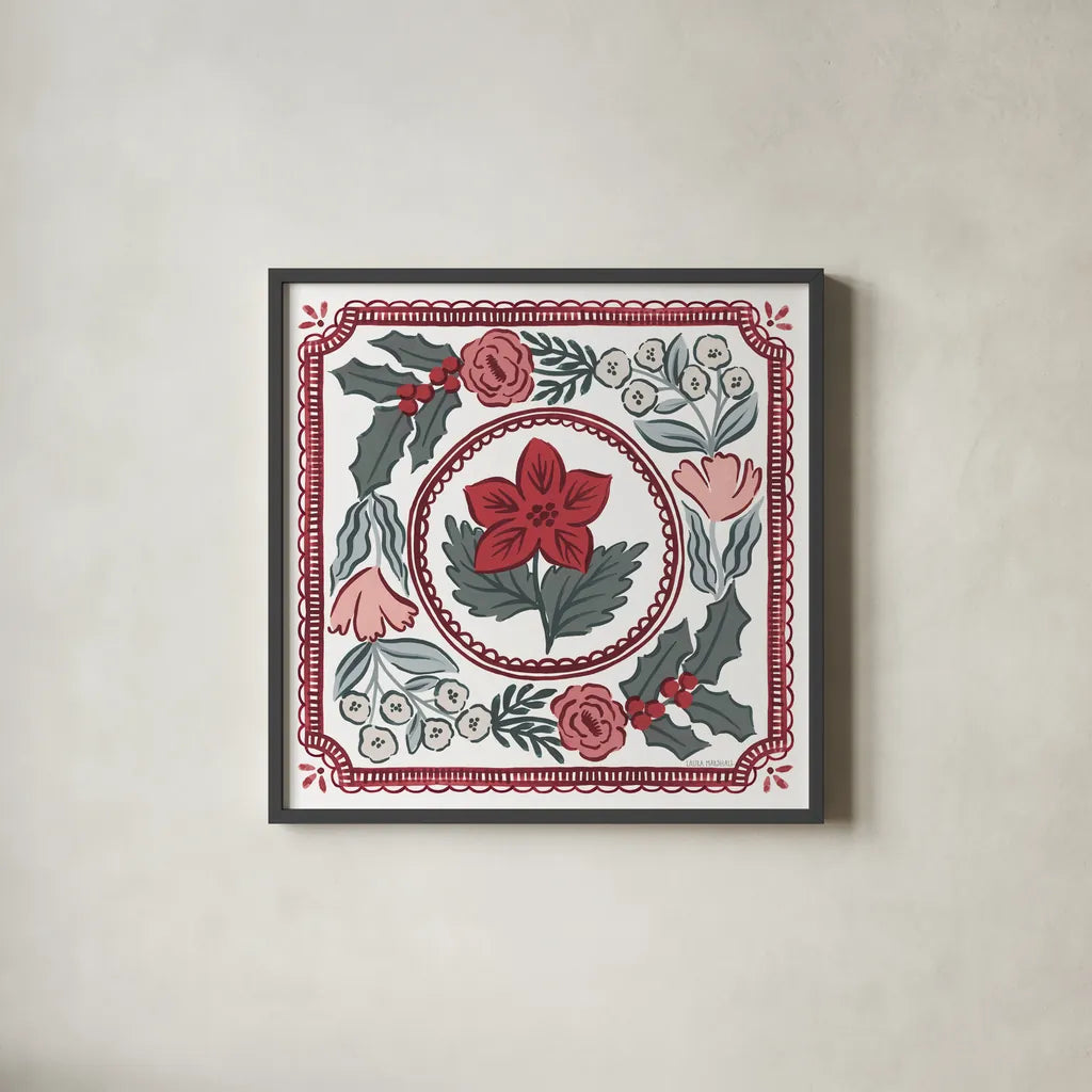 Christmas Reverie V by Laura Marshall. Shown in a sleek black glass frame for a contemporary gallery look. Available as an archival giclee rolled canvas, fine art paper, or poster print. SKU 99622a.