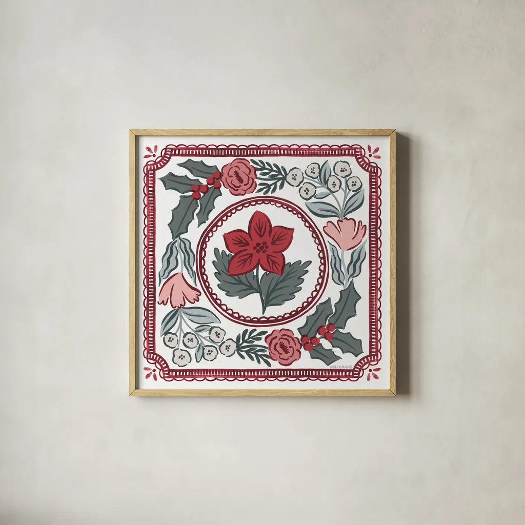 Christmas Reverie V by Laura Marshall. Shown in a natural wood glass frame for a timeless modern aesthetic. Available as an archival giclee rolled canvas, fine art paper, or poster print. SKU 99622a.