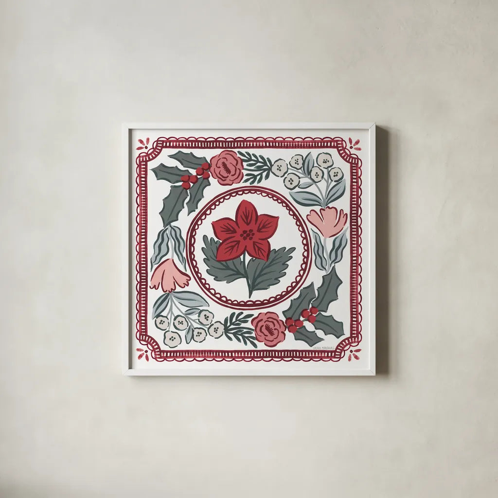 Christmas Reverie V by Laura Marshall. Shown in a crisp white glass frame for a clean and minimalist style. Available as an archival giclee rolled canvas, fine art paper, or poster print. SKU 99622a.