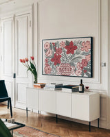 Christmas Reverie VI by Laura Marshall. shown as a framed stretched canvas in a living room above a console. Available as a archival giclee rolled canvas, fine art paper, or poster print. SKU 99623i.