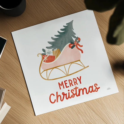 Christmas Sleigh by Laura Marshall. Shown as a detailed flat fine art print, highlighting archival giclee quality. Available as an archival giclee rolled canvas, fine art paper, or poster print. SKU 80217a.