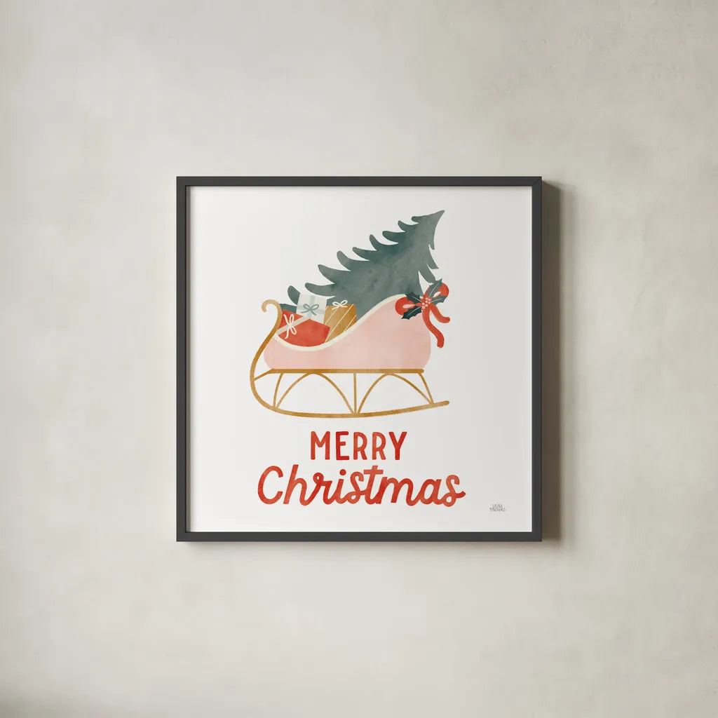 Christmas Sleigh by Laura Marshall. Shown in a sleek black glass frame for a contemporary gallery look. Available as an archival giclee rolled canvas, fine art paper, or poster print. SKU 80217a.