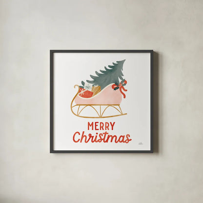 Christmas Sleigh by Laura Marshall. Shown in a sleek black glass frame for a contemporary gallery look. Available as an archival giclee rolled canvas, fine art paper, or poster print. SKU 80217a.
