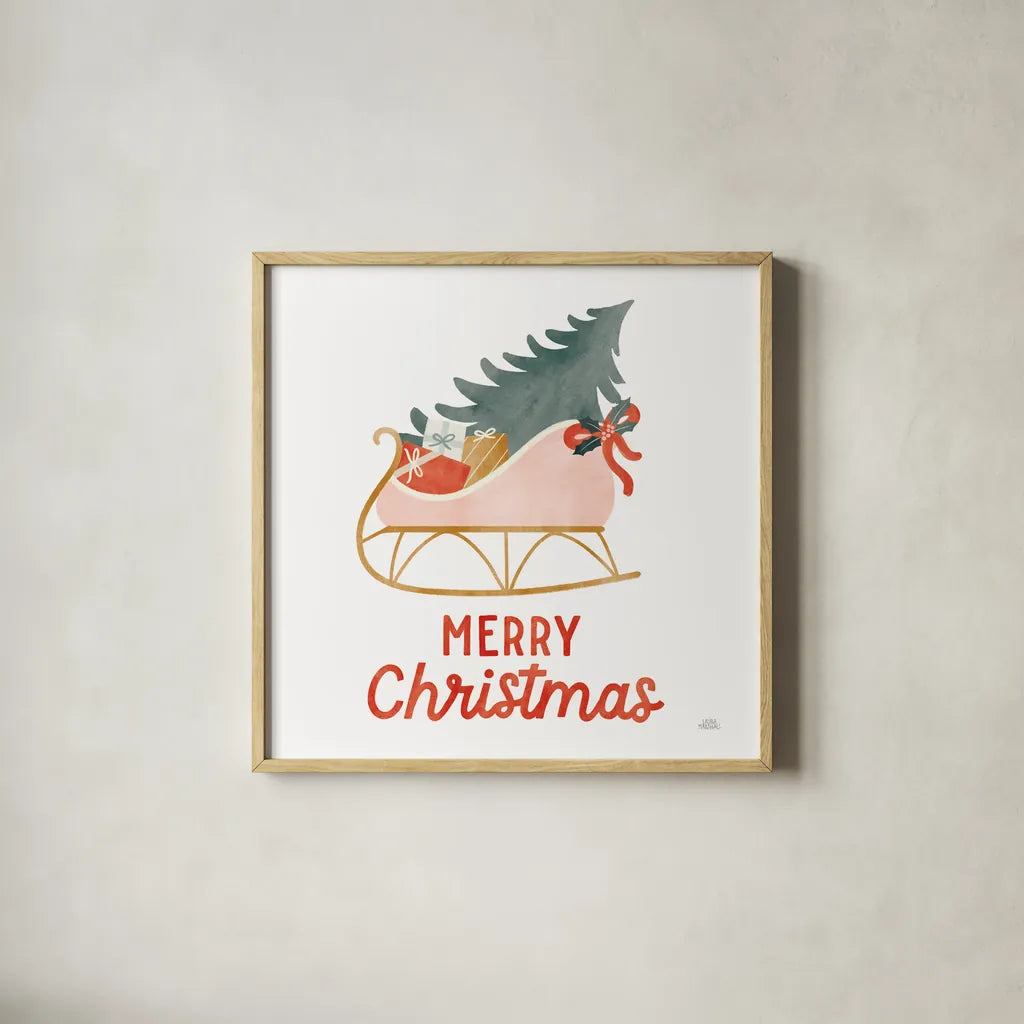 Christmas Sleigh by Laura Marshall. Shown in a natural wood glass frame for a timeless modern aesthetic. Available as an archival giclee rolled canvas, fine art paper, or poster print. SKU 80217a.