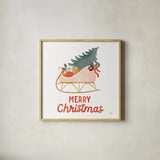 Christmas Sleigh by Laura Marshall. Shown in a natural wood glass frame for a timeless modern aesthetic. Available as an archival giclee rolled canvas, fine art paper, or poster print. SKU 80217a.