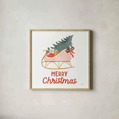 Christmas Sleigh by Laura Marshall. Shown in a natural wood glass frame for a timeless modern aesthetic. Available as an archival giclee rolled canvas, fine art paper, or poster print. SKU 80217a.