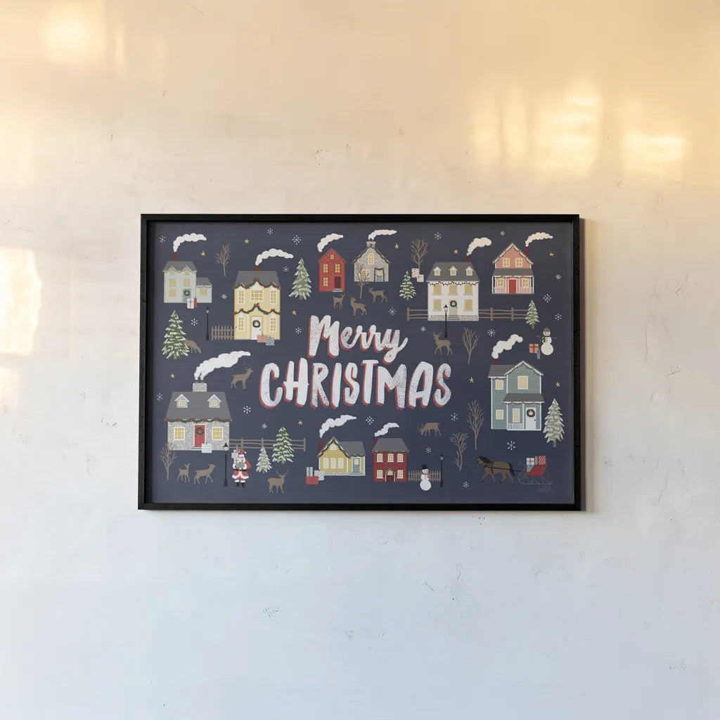 Christmas Village I by Laura Marshall. shown as a paper print in a black flame. Available as a archival giclee rolled canvas, fine art paper, or poster print. SKU 48500i.