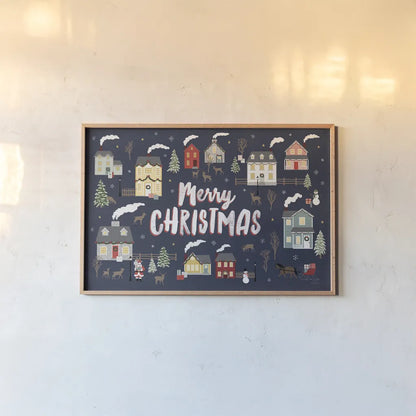 Christmas Village I by Laura Marshall. shown as a paper print in a natural frame. Available as a archival giclee rolled canvas, fine art paper, or poster print. SKU 48500i.