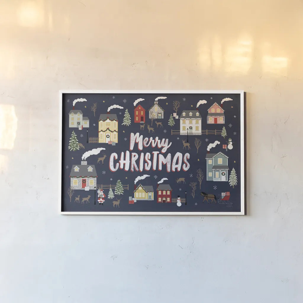 Christmas Village I by Laura Marshall. shown as a paper print in a white frame. Available as a archival giclee rolled canvas, fine art paper, or poster print. SKU 48500i.