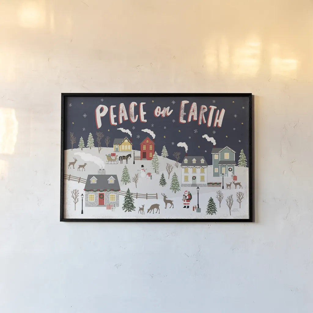 Christmas Village II by Laura Marshall. shown as a paper print in a black flame. Available as a archival giclee rolled canvas, fine art paper, or poster print. SKU 48501i.