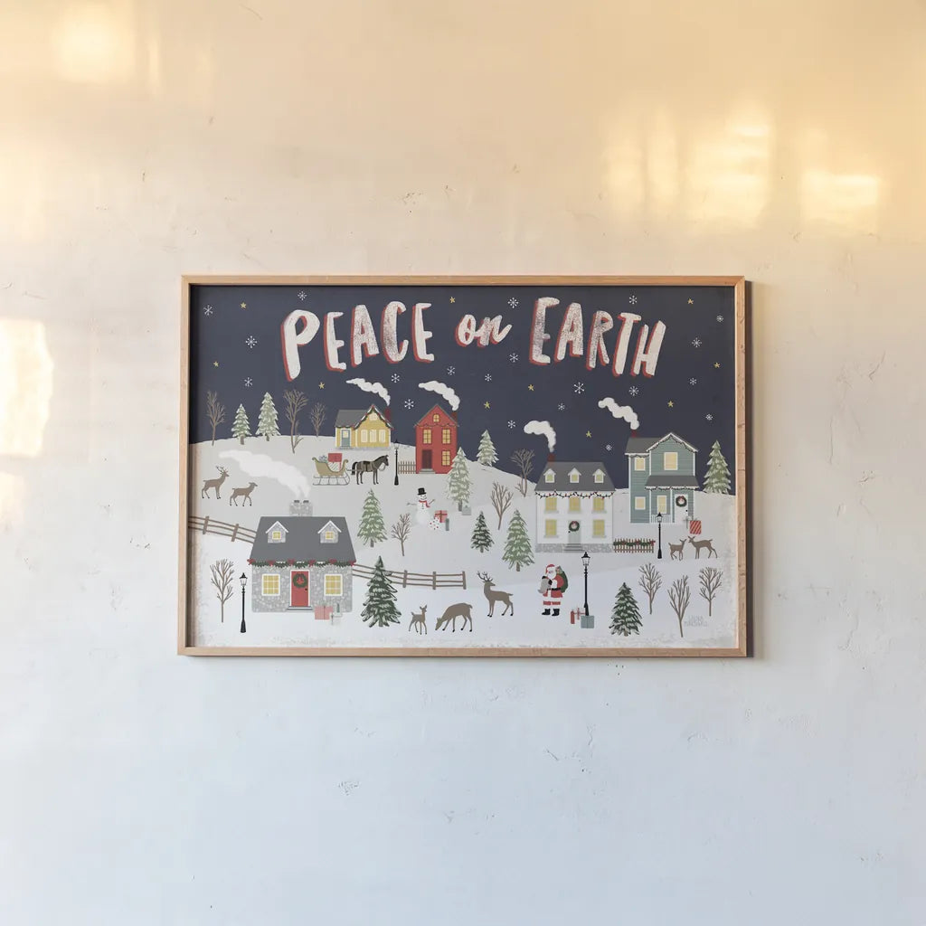 Christmas Village II by Laura Marshall. shown as a paper print in a natural frame. Available as a archival giclee rolled canvas, fine art paper, or poster print. SKU 48501i.