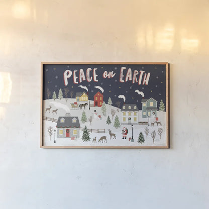 Christmas Village II by Laura Marshall. shown as a paper print in a natural frame. Available as a archival giclee rolled canvas, fine art paper, or poster print. SKU 48501i.