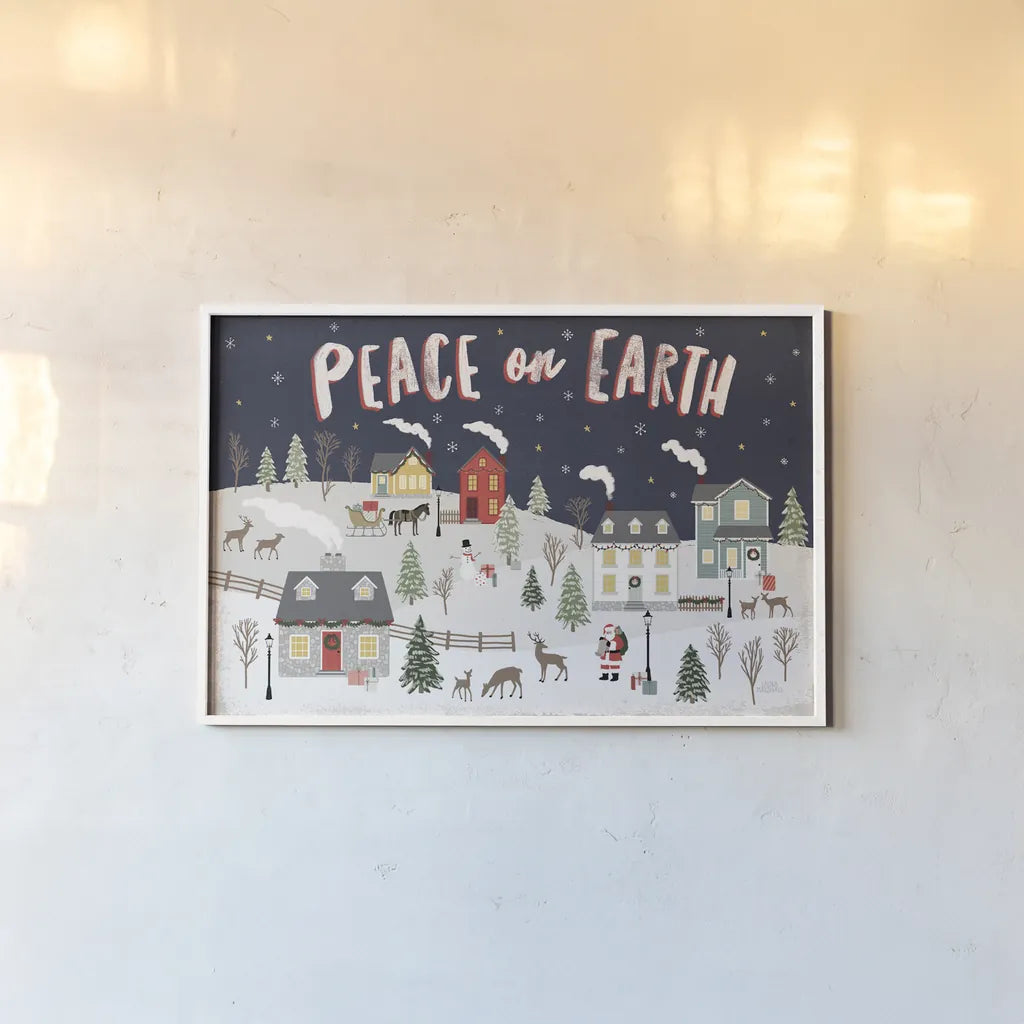 Christmas Village II by Laura Marshall. shown as a paper print in a white frame. Available as a archival giclee rolled canvas, fine art paper, or poster print. SKU 48501i.