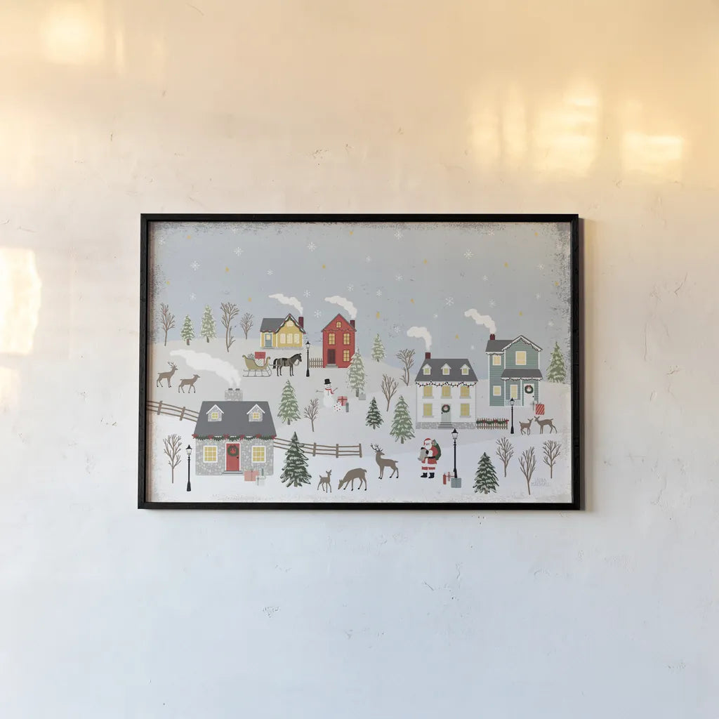 Christmas Village II Day by Laura Marshall. shown as a paper print in a black flame. Available as a archival giclee rolled canvas, fine art paper, or poster print. SKU 68093i.