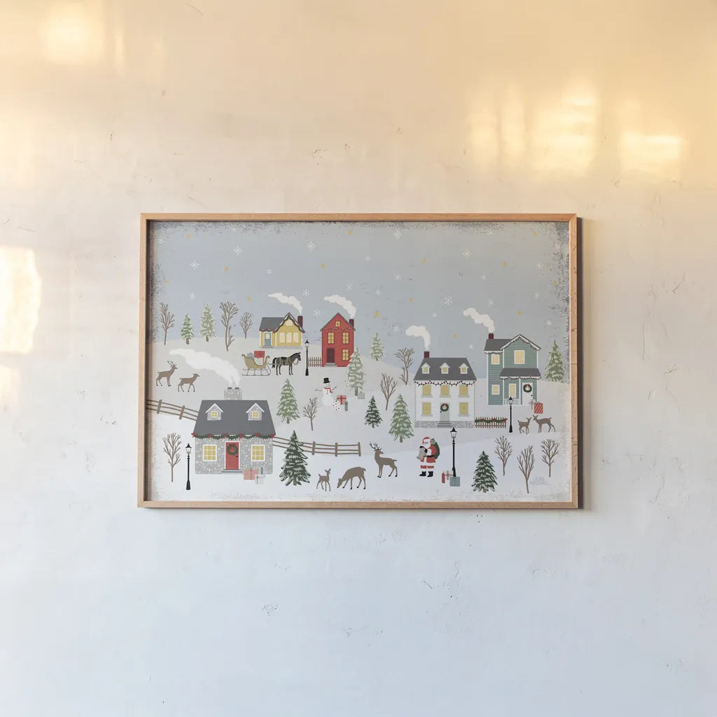 Christmas Village II Day by Laura Marshall. shown as a paper print in a natural frame. Available as a archival giclee rolled canvas, fine art paper, or poster print. SKU 68093i.