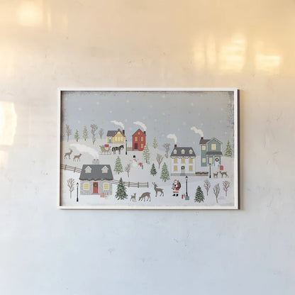 Christmas Village II Day by Laura Marshall. shown as a paper print in a white frame. Available as a archival giclee rolled canvas, fine art paper, or poster print. SKU 68093i.